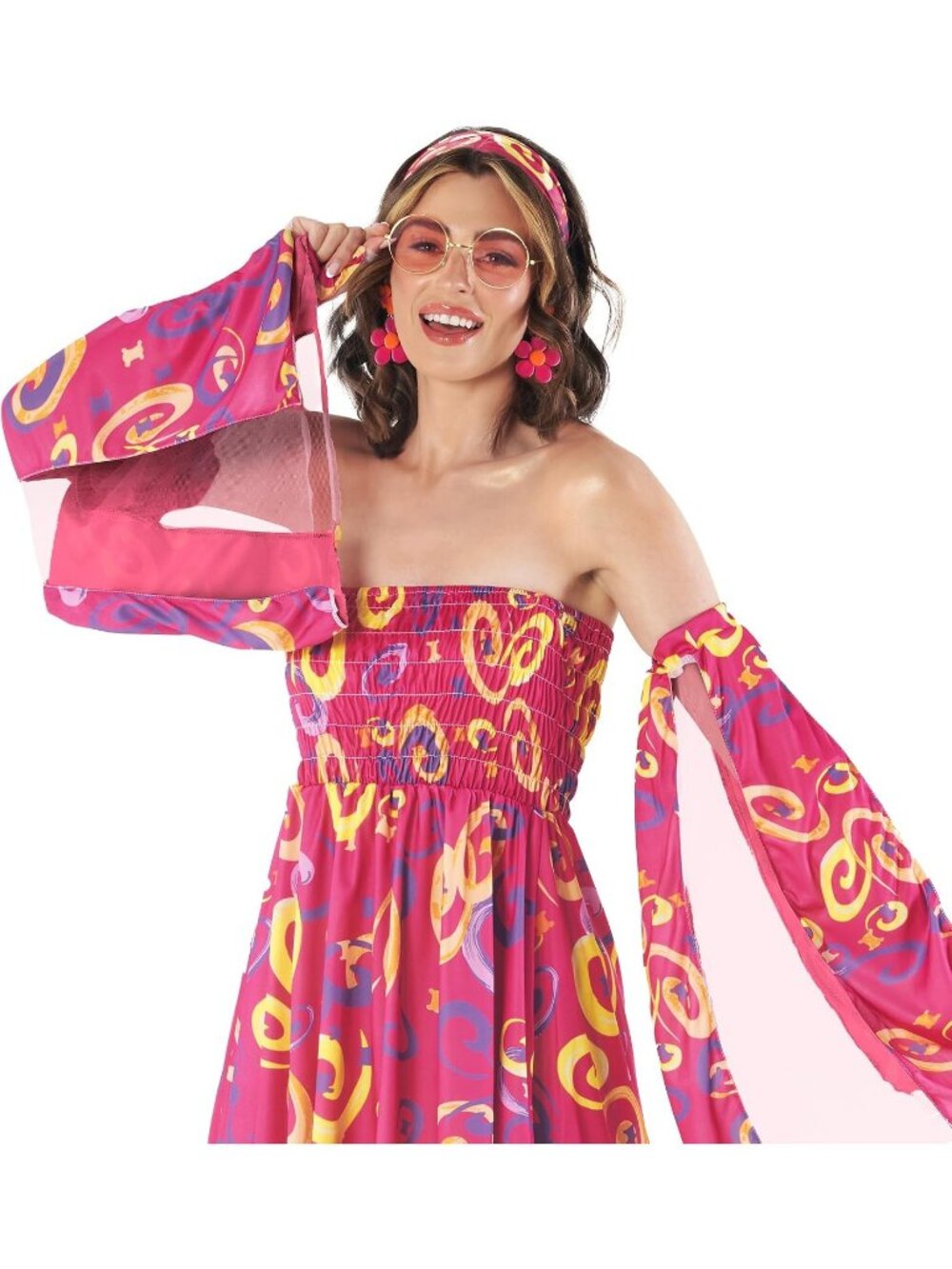 Women's Pink 70s Dress Halloween Costume with Detachable Arm Sleeve Stylish Mini - Picture 5 of 6